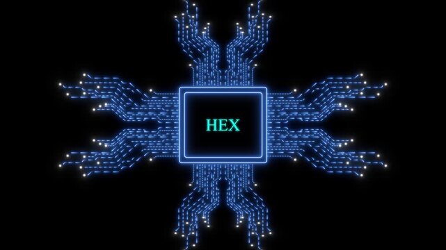 Hex cryptocurrency digital processor chip glowing neon circuit board animation blockchain