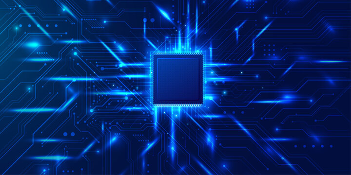 Glowing central processor on intricate futuristic blue circuit board with bright pathways.