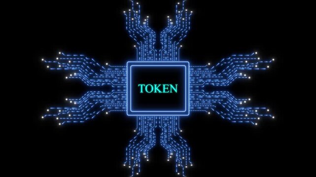 Digital token concept with glowing circuit board animation and cybernetic data flow cryptocurrency blockchain