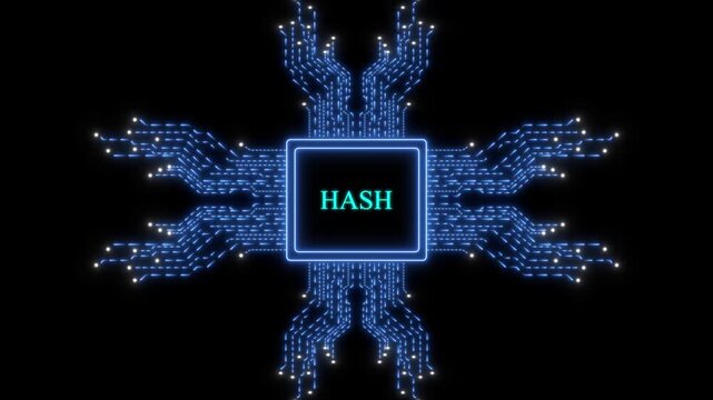 Digital hash concept with glowing blue circuitry processor animation for blockchain and cyber security technology