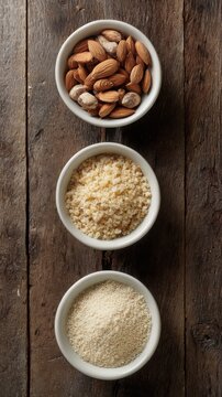 Top down flat lay photography of three identical white bowls aligned vertically on a rustic wooden table. The top bowl contains almond shells
