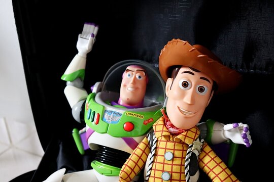 Salvador, Brazil - June 27, 2026. Luggage bag with Buzz Lightyear and Woody from Toy Story on it. Children's toys. Toy Story movie. 