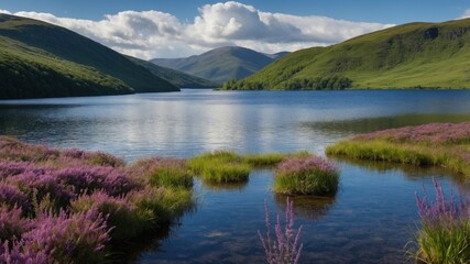 Naklejka premium Serene lake surrounded by lush green hills and vibrant purple heather under a blue sky