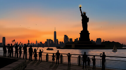 Fototapeta premium Patriot day remembrance statue of liberty and new york city skyline at sunset