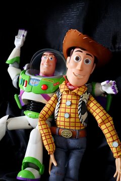 Salvador, Brazil - June 27, 2026. Luggage bag with Buzz Lightyear and Woody from Toy Story on it. Children's toys. Toy Story movie. 