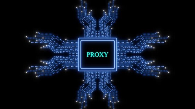 Proxy server concept animation: glowing digital circuit board cpu processor with data flow and network connectivity technology