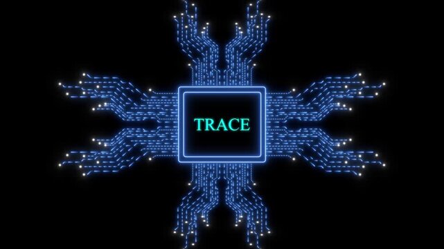 Digital circuit board processor animation with glowing trace data flow for cyber security and artificial intelligence technology concepts