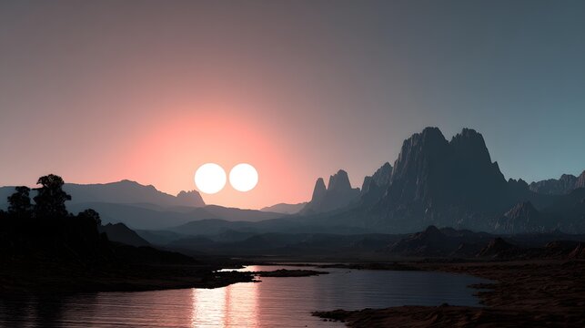with glowing rivers and strange rock formations under twin moons