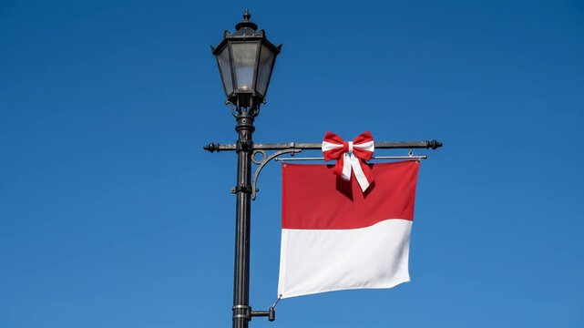 Red and white flag banner with decorative bow on vintage street lantern under blue sky