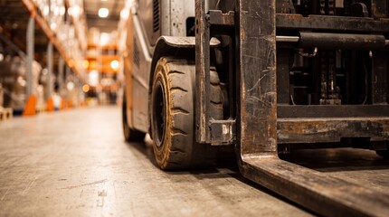 Naklejka premium Closeup of a forklifts wheel and tire in a warehouse setting with shelving