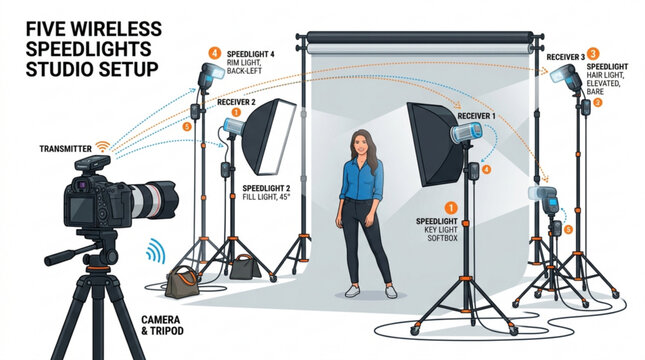 Five wireless speedlights studio setup illustration demonstrating professional lighting equipment for photography and videography isolated on