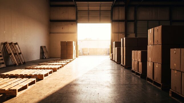A warehouse interior with stacked cardboard boxes and wooden pallets on the floor