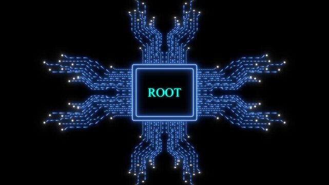 Digital root access concept with glowing blue circuitry and data processing animation technology