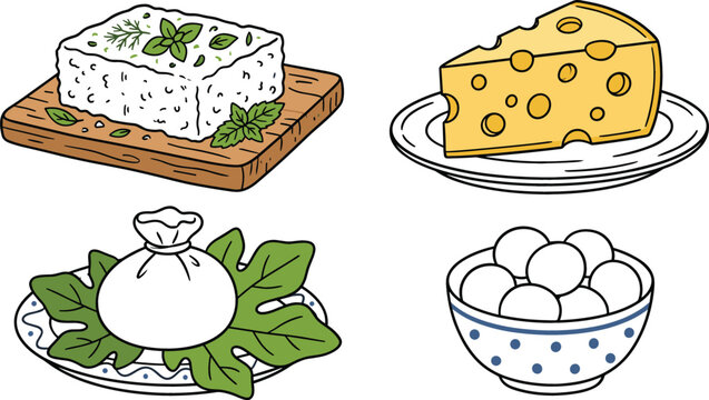 Gourmet cheese variety vector element set including feta block on board swiss cheese slice fresh burrata pouch and mozzarella balls