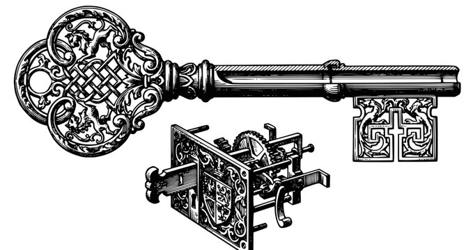 Ancient Decorative Skeleton Key Black And White Illustration
