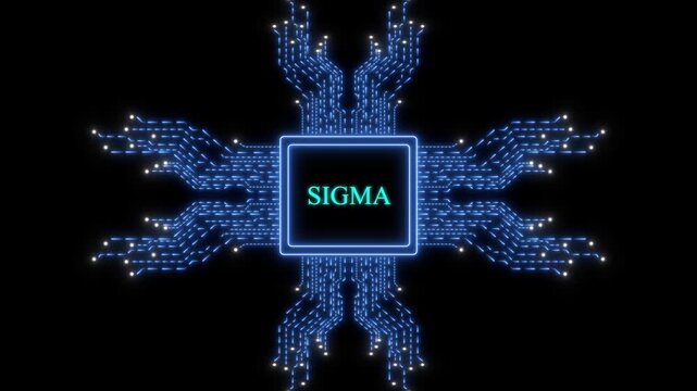 Digital sigma processor chip animation: futuristic glowing blue circuit board technology background