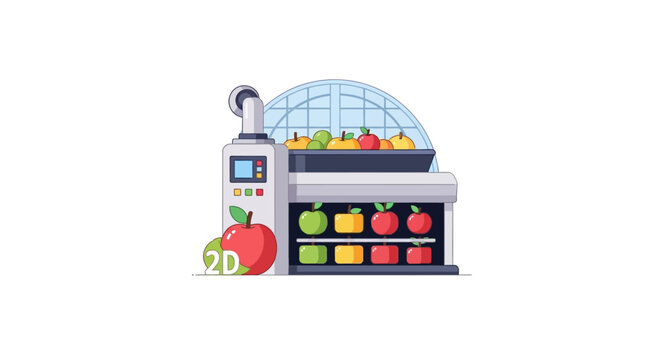Illustration of a 2D barcode scanner checking fruit.
