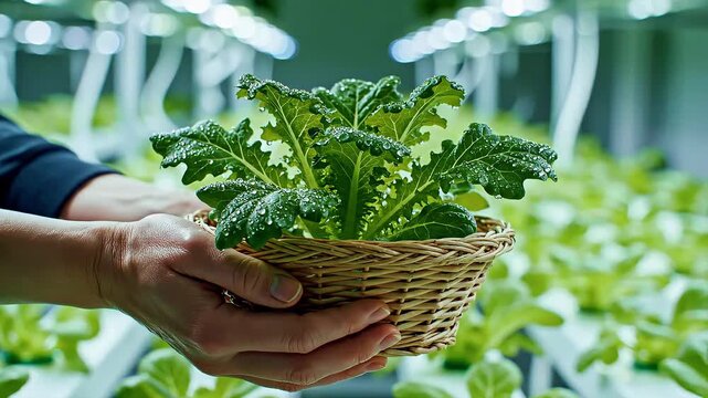 Hands holding a basket of fresh green leafy vegetables in a hydroponic garden.