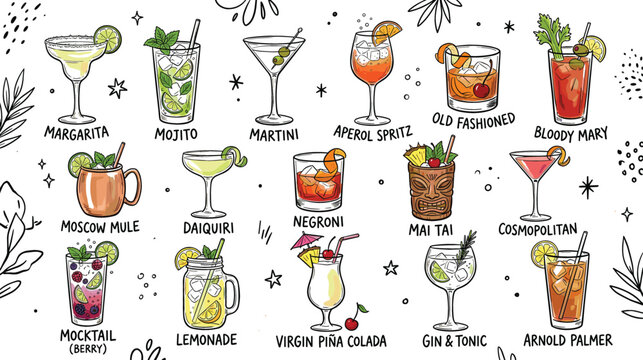 Hand drawn classic cocktail and mocktail drink vector element set including margarita mojito martini aperol spritz bloody mary and negroni icons
