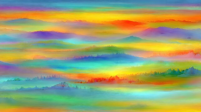 with layered mountains fading into colorful mist