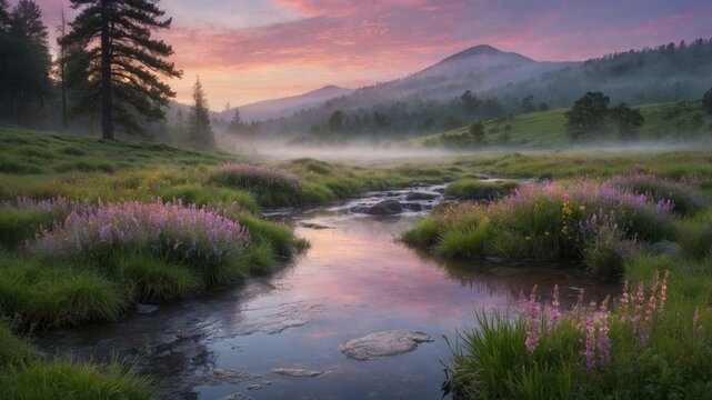 Serene sunrise over a misty river with vibrant wildflowers in a tranquil valley landscape