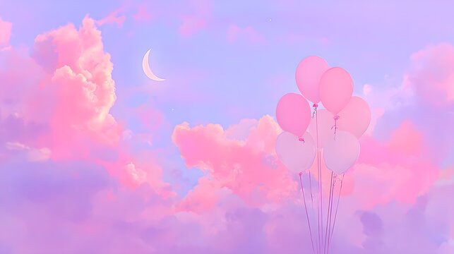 sky filled with floating balloons and soft clouds