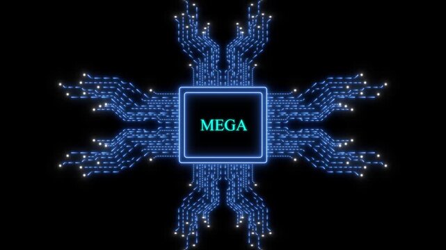 Digital circuit board processor animation with mega text high-tech cybernetic background motherboard