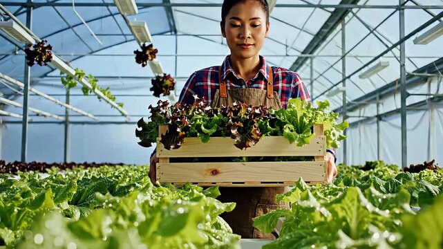 Woman holding crate of fresh produce in greenhouse.
