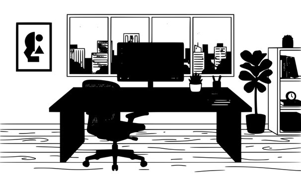 Empty workspace line vector modern corporate office desk and computer monitor icon art