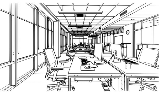 Line art empty office room workspace desk computer chair modern business interior vector