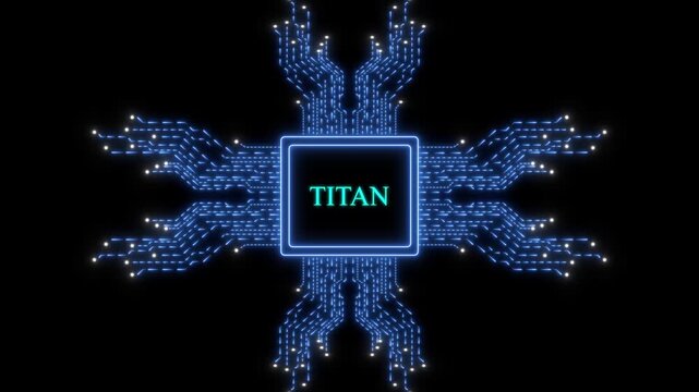 Futuristic titan cpu processor animation with glowing blue digital circuit board network background technology