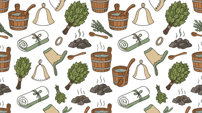 Sauna and Russian banya seamless pattern vector background featuring wooden buckets birch brooms hats felt slippers towels and hot stones