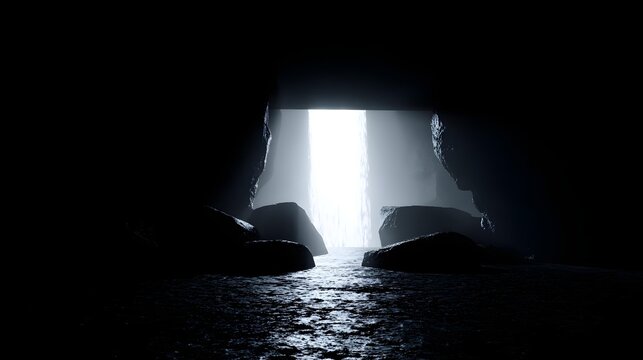 flowing through floating rocks surrounded by mist and light