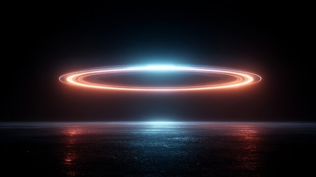 Soft intelligent light aura and holographic projections in space with volumetric beams, glowing rings, subtle energy fields, translucent layers, elegant blue and red accents, calm AI technology
