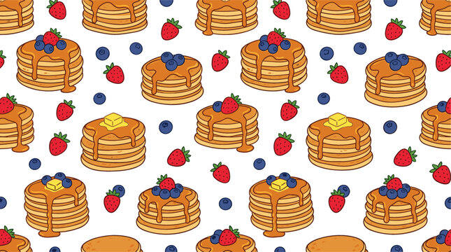 Sweet breakfast pancake seamless pattern vector background featuring fluffy pancakes stacks with maple syrup butter strawberries and fresh blueberries