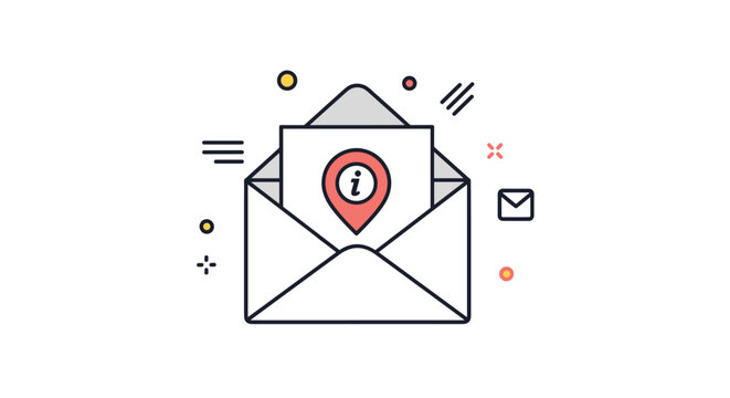 Open white envelope containing a letter with a red location pin and info icon for delivery status or invitation address information.