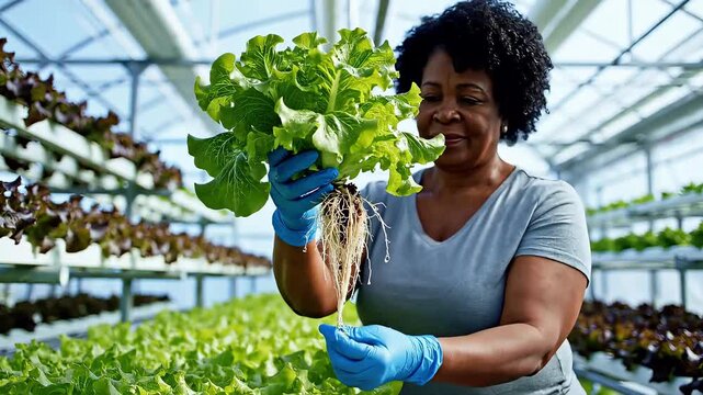 African American woman holding hydroponic lettuce plant in greenhouse.