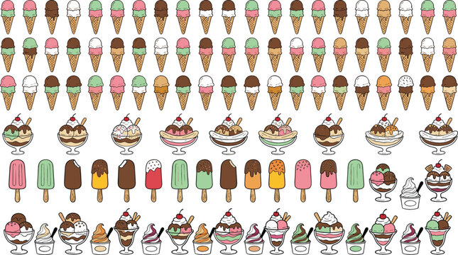 Sweet ice cream and frozen dessert vector element set including waffle cones popsicles sundae bowls banana splits and soft serve cups