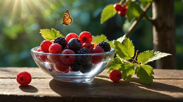 A vibrant bowl of mixed berries illuminated by sunlight, with a butterfly fluttering nearby