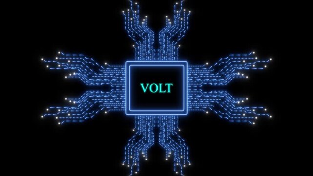 Digital circuit board processor with glowing volt text and data flow animation for technology and energy concepts