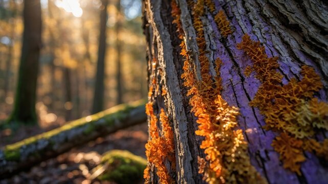 Close-up of vibrant orange lichen on a textured tree trunk in a sunlit forest with blurred background
