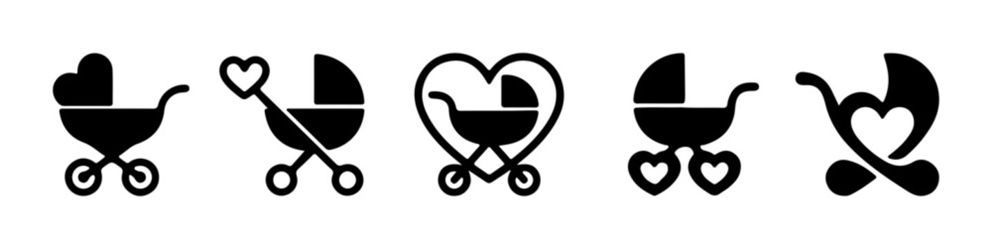 Baby Stroller Icons, Vintage Pram Silhouettes, Newborn Carriage Graphics, Love Heart Designs