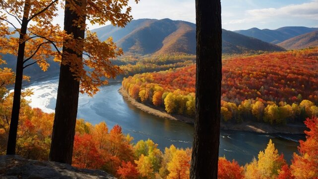 Vibrant autumn landscape showcasing colorful foliage along a winding river in a serene valley