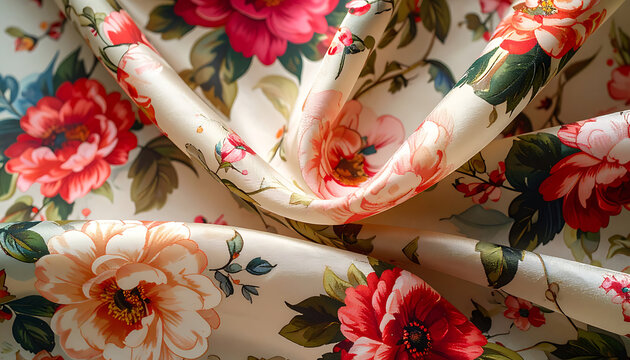 Soft floral pattern with large blooming peonies and small buds in red and pink on a cream textured fabric, romantic vintage style, wallpaper and textile design