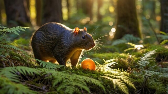 A small rodent forages for food among lush ferns in a sunlit forest, creating a serene atmosphere