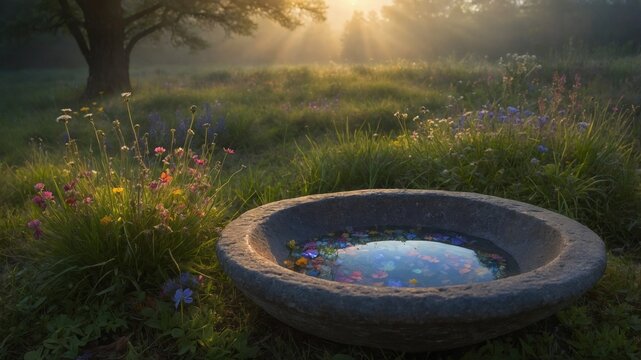 Tranquil morning scene with a stone basin reflecting flowers and sunlight in a serene meadow