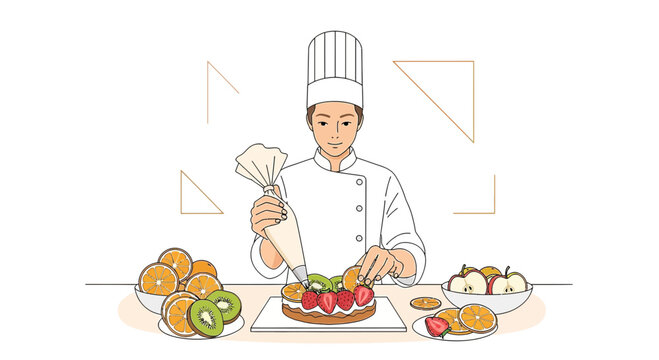 Pastry Chef Decorating Fruit Cake with Cream Icing Bag