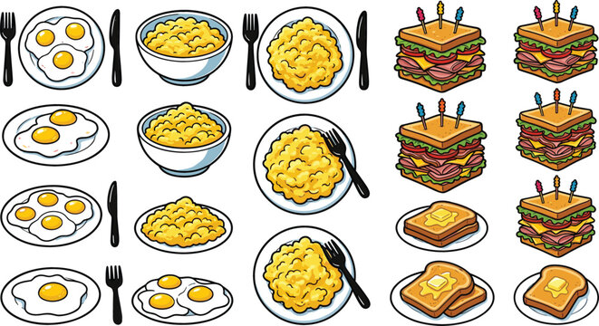 Breakfast diner food vector element set including fried eggs scrambled eggs club sandwich buttered toast cutlery on white background