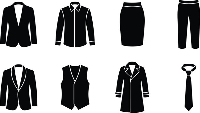 Professional formal business clothing icons featuring suit blazer dress shirt trousers skirt vest and overcoat silhouettes
