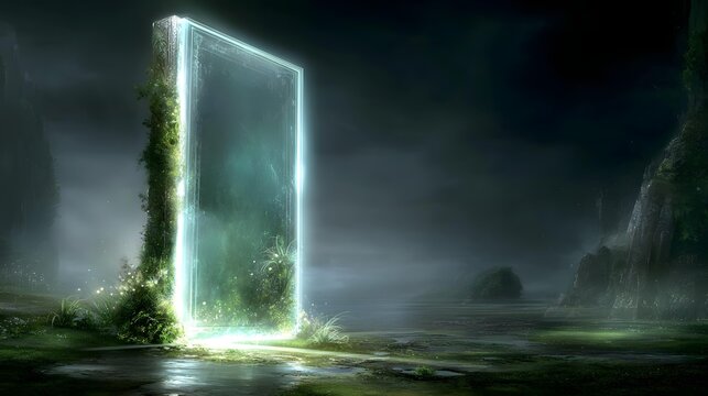 opening in a dark forest with magical light beams